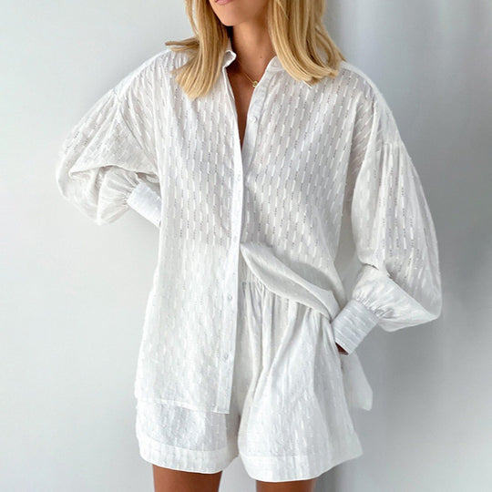 Damen modisches Kurzarm-Pyjama-Set mit strukturierter Oberflächenbeschaffenheit EB