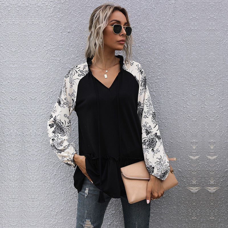 Damen modische Bluse mit floralem Ärmeldetail EB