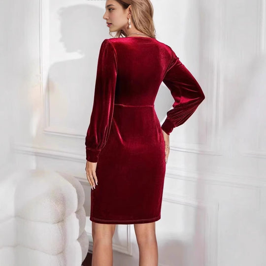 Damen figurbetontes Abendkleid mit tiefem Ausschnitt und Puffärmeln EB