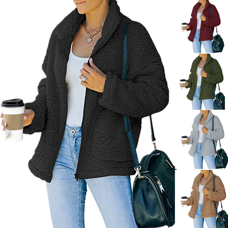 Damen kuschelige Fleecejacke mit Oversized-Schnitt und tiefem Kragen EB