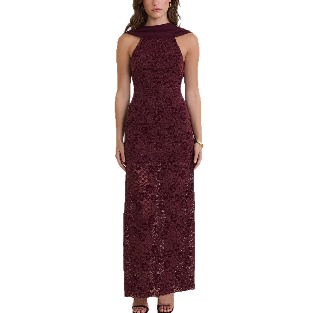 Damen Elegantes Maxikleid mit raffinierter Spitzenverzierung und schickem Halterneck EB