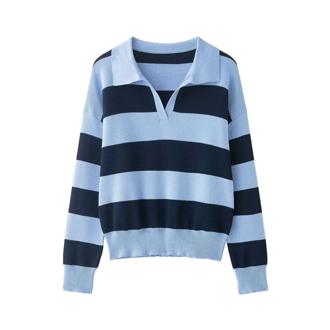 Damen nan gestreifter Rugby-Pullover mit Polokragen, V‑Ausschnitt und verlängerten Rippbündchen EB