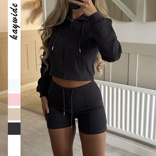 Damen nan lässiges Sweatshirt- und Short-Set mit dekorativen Schleifen-Applikationen, hohem Rundhalsausschnitt und Tunnelzugbund EB