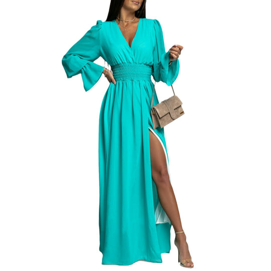 Damen Maxi-Kleid mit tiefem V-Ausschnitt und voluminösen Ärmeln EB