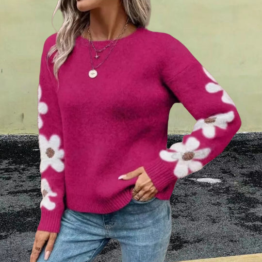 Damen Strickpullover mit floralem Muster und Rundhalsausschnitt EB