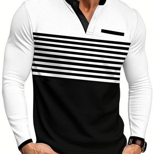 Herren nan modernes Langarm-Polo mit Henley-Blende gestreifter Brustpartie und Stehkragen EB