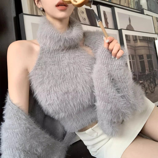 Damen Flauschiger Cropped Pullover mit Stehkragen und Oversize-Ärmeln EB