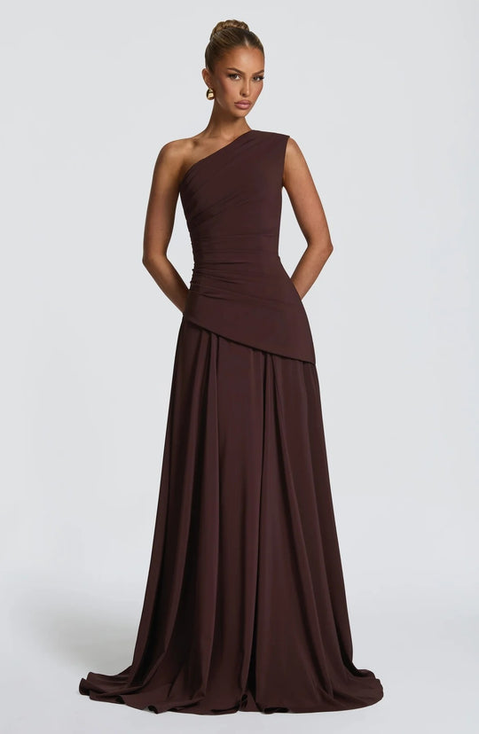 Damen Elegantes One-Shoulder Maxikleid mit fließenden Drapierungen EB