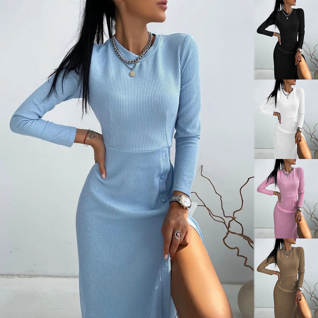 Damen Strickkleid mit Knopfdetails und eng anliegendem Oberteil EB