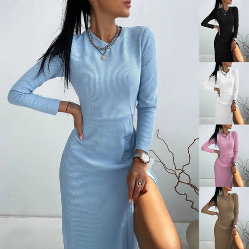 Damen Strickkleid mit Knopfdetails und eng anliegendem Oberteil EB