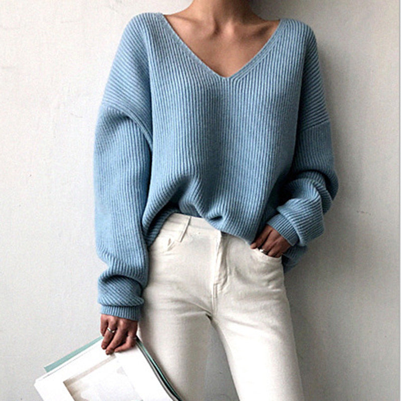 Damen lässiger Strickpullover mit V-Ausschnitt und weit geschnittenen Ärmeln EB