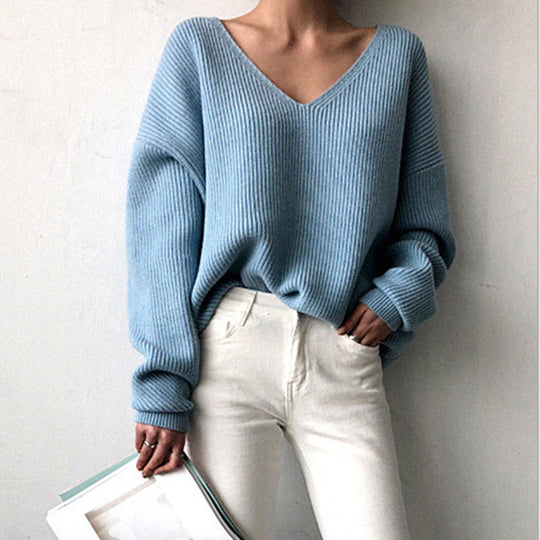 Damen lässiger Strickpullover mit V-Ausschnitt und weit geschnittenen Ärmeln EB