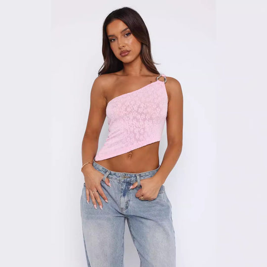 Damen asymmetrisches Spitzenoberteil mit funkelndem Ringdetail EB