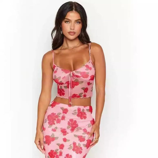 Damen Crop-Top mit floralem Design und verstellbaren Trägern EB