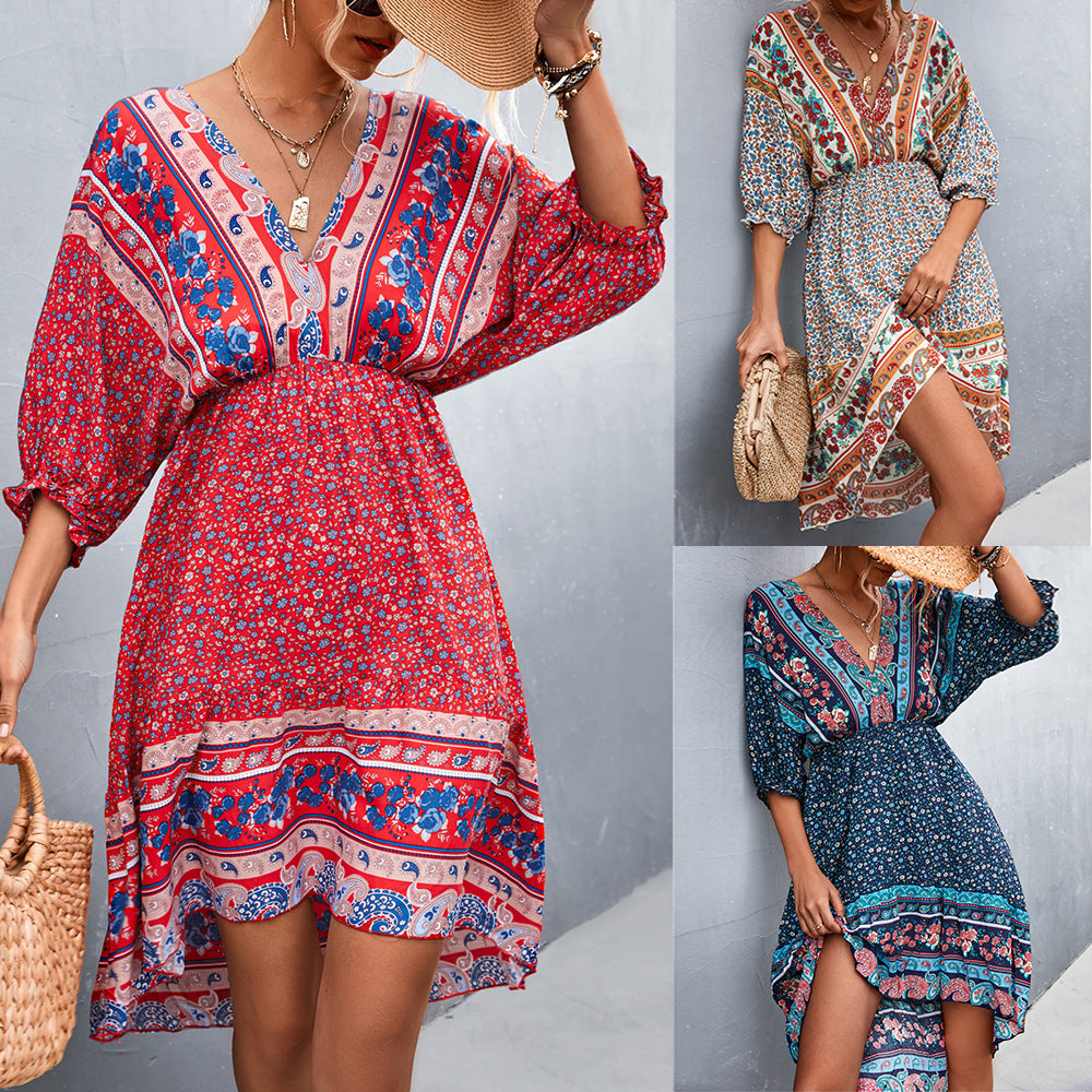 Damen Langarmkleid mit boho-inspiriertem Druck und elastischem Bund EB