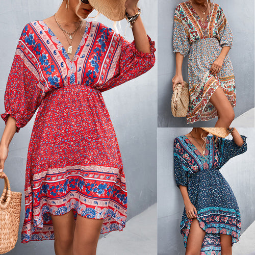 Damen Langarmkleid mit boho-inspiriertem Druck und elastischem Bund EB