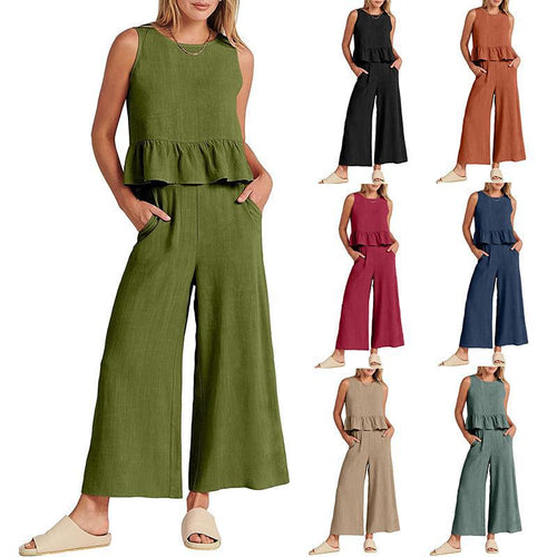 Damen Zweiteiler-Set mit schickem Peplum-Oberteil und weit geschnittenen Hosen EB