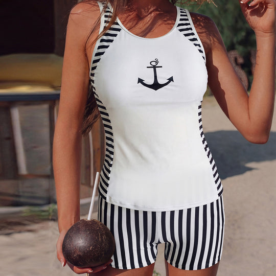 Damen Sportshirt mit hoher Taille und maritimem Design EB