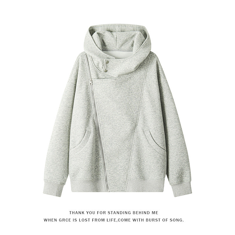 Damen nan asymmetrischer Kapuzenpullover mit hohem Kragen, diagonalem Reißverschluss und Kängurutaschen EB