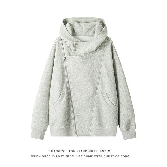 Damen nan asymmetrischer Kapuzenpullover mit hohem Kragen, diagonalem Reißverschluss und Kängurutaschen EB