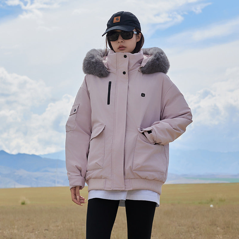 Damen isolierte Pufferjacke mit abnehmbarem Kunstfellkragen und großen Eingrifftaschen EB