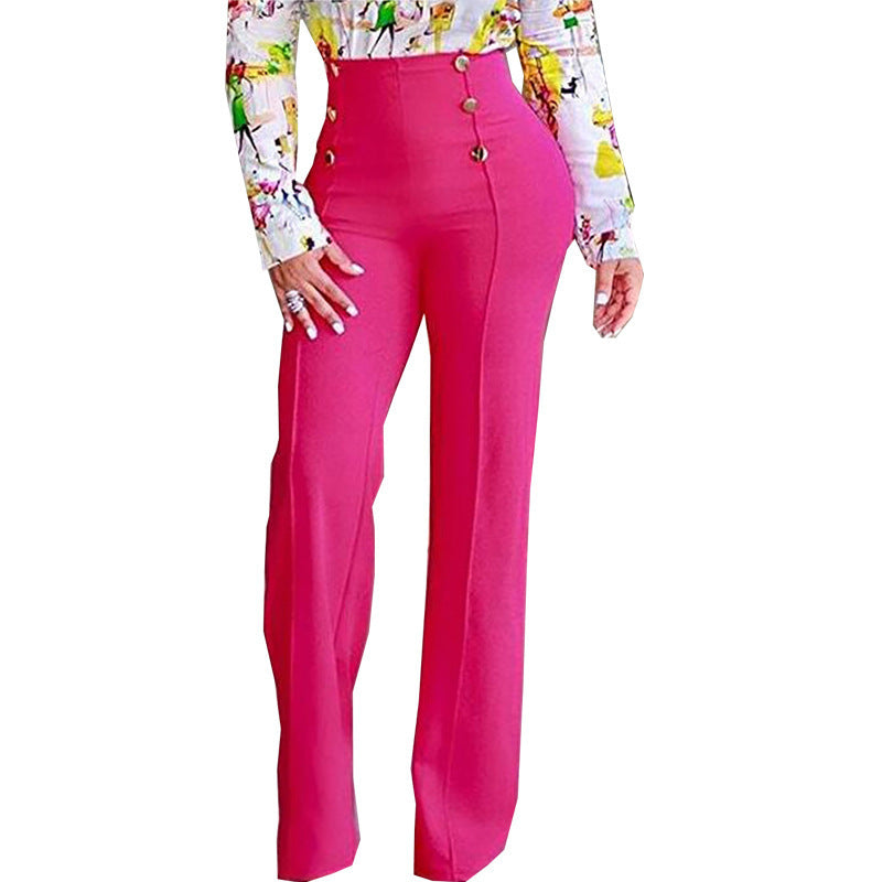 Damen Elegante High-Waist Hose mit dekorativen Knöpfen EB