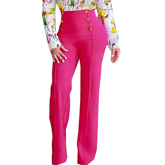 Damen Elegante High-Waist Hose mit dekorativen Knöpfen EB