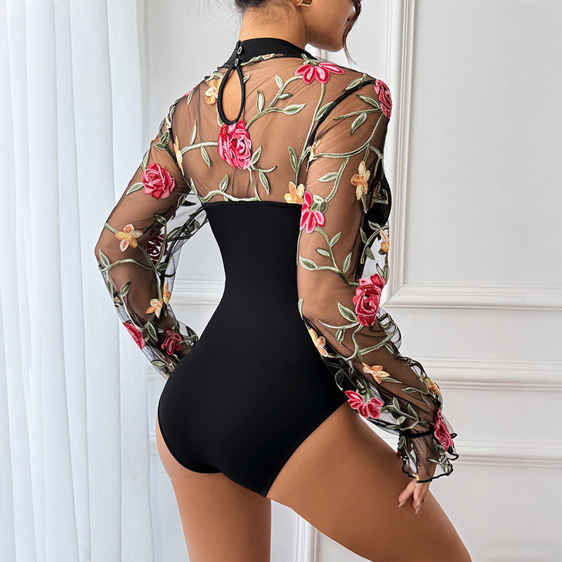 Damen Transparenter Mesh-Body mit floraler Stickerei, Herz-Bustier-Einsatz und Stehkragen EB