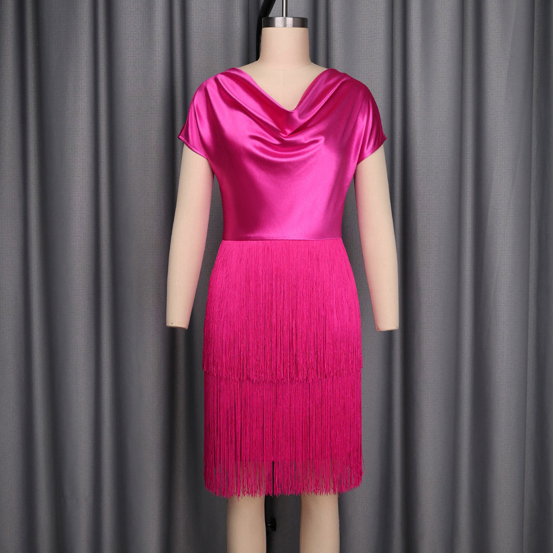 Damen schimmerndes Fransen Kleid mit eleganter Drapierung EB