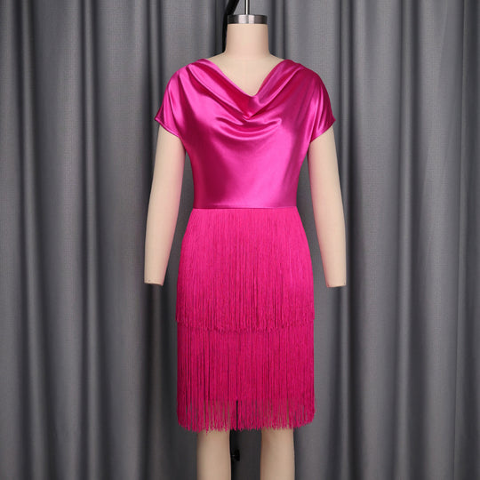 Damen schimmerndes Fransen Kleid mit eleganter Drapierung EB