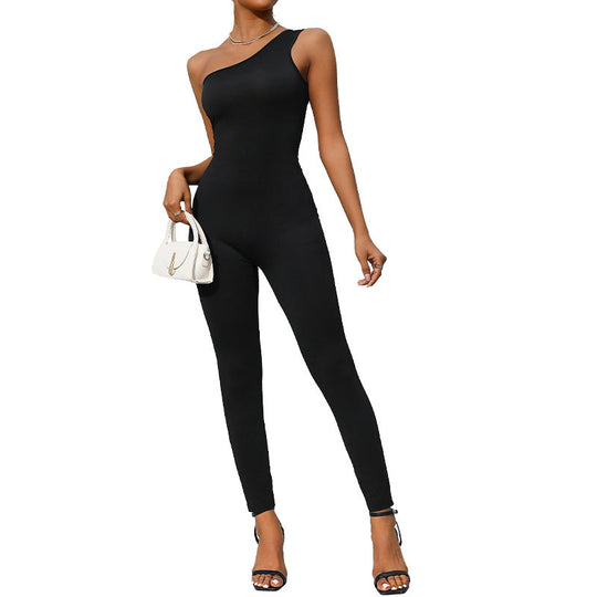 Damen Eleganter One-Shoulder Jumpsuit mit figurbetonter Passform EB