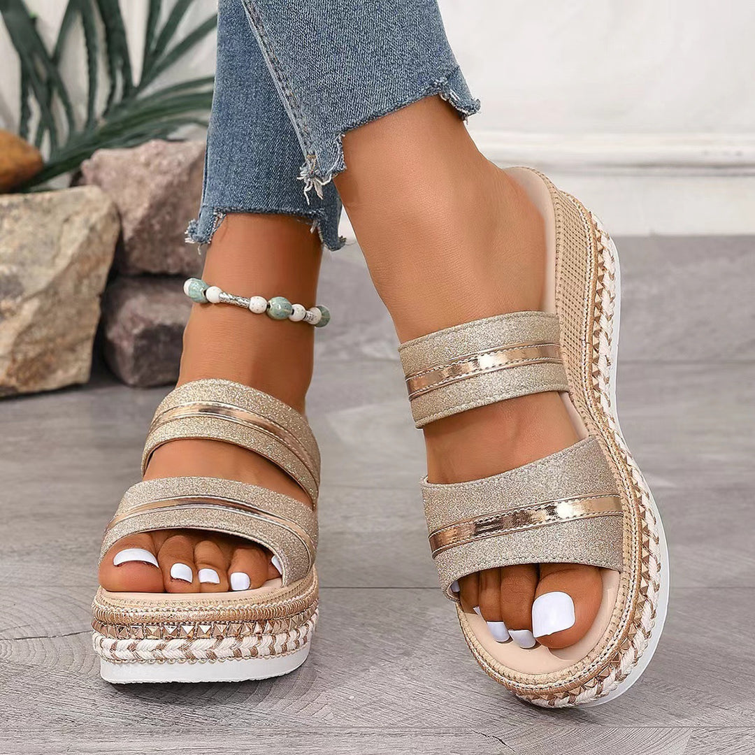 Damen Riemensandalen mit modischer Schmuckverzierung und Plateau-Rand EB