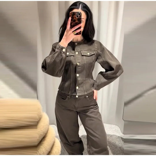 Damen Modische Jeansjacke mit Puffärmeln und dekorativen Knöpfen EB