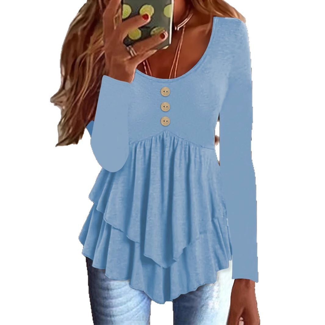 Damen Langarm Blusenshirt mit mehrlagigem Design und dekorativen Knopfdetails EB