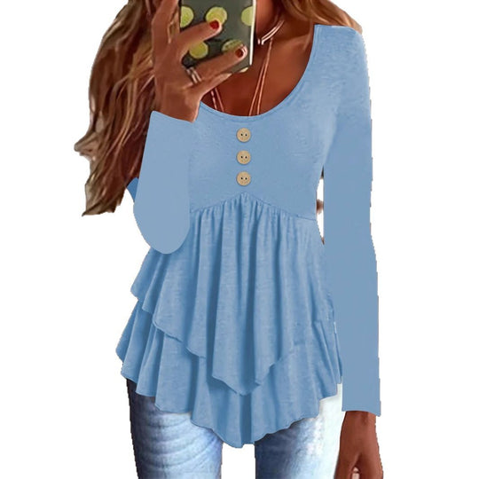 Damen Langarm Blusenshirt mit mehrlagigem Design und dekorativen Knopfdetails EB