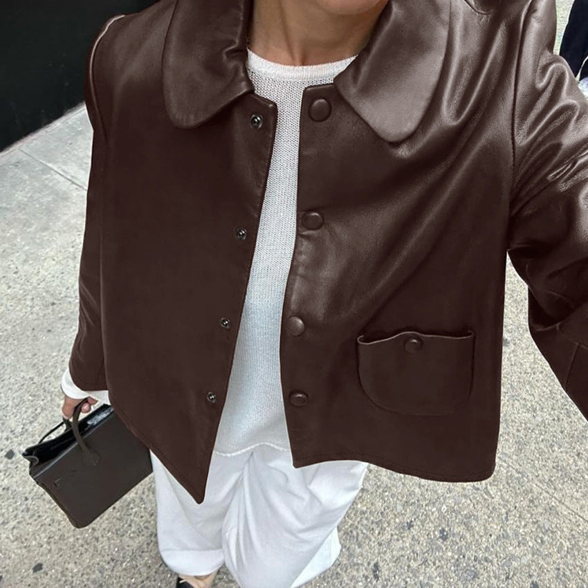 Damen Modische Kunstlederjacke mit praktischen Taschen und elegantem Kragen EB