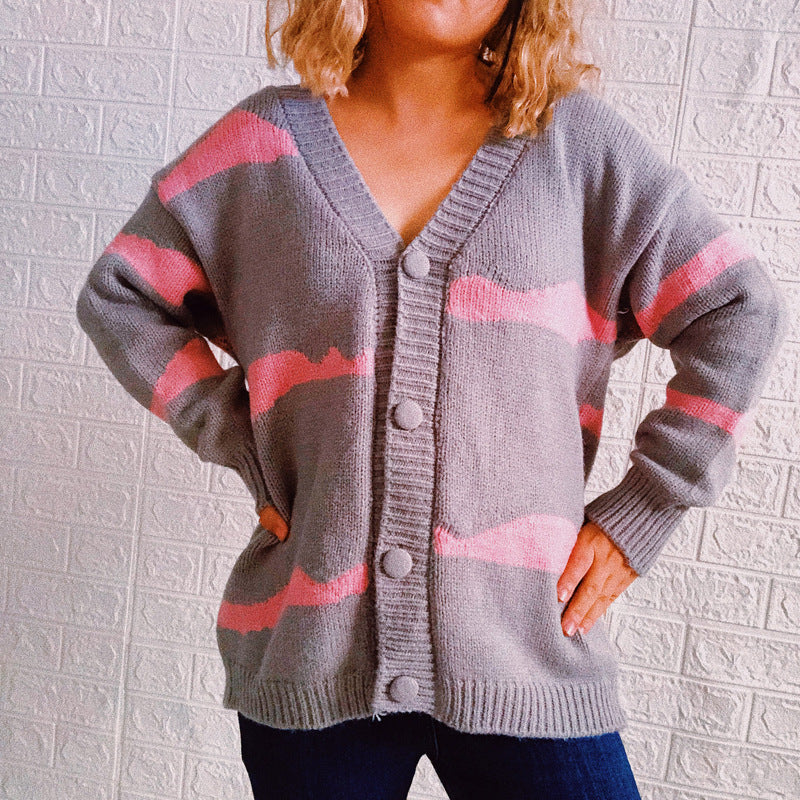Damen gestreifte Strickjacke mit Knopfverschluss und weitem Schnitt EB