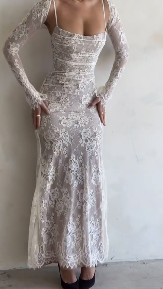 Damen Maxikleid aus zarter Spitze mit langen Ärmeln EB