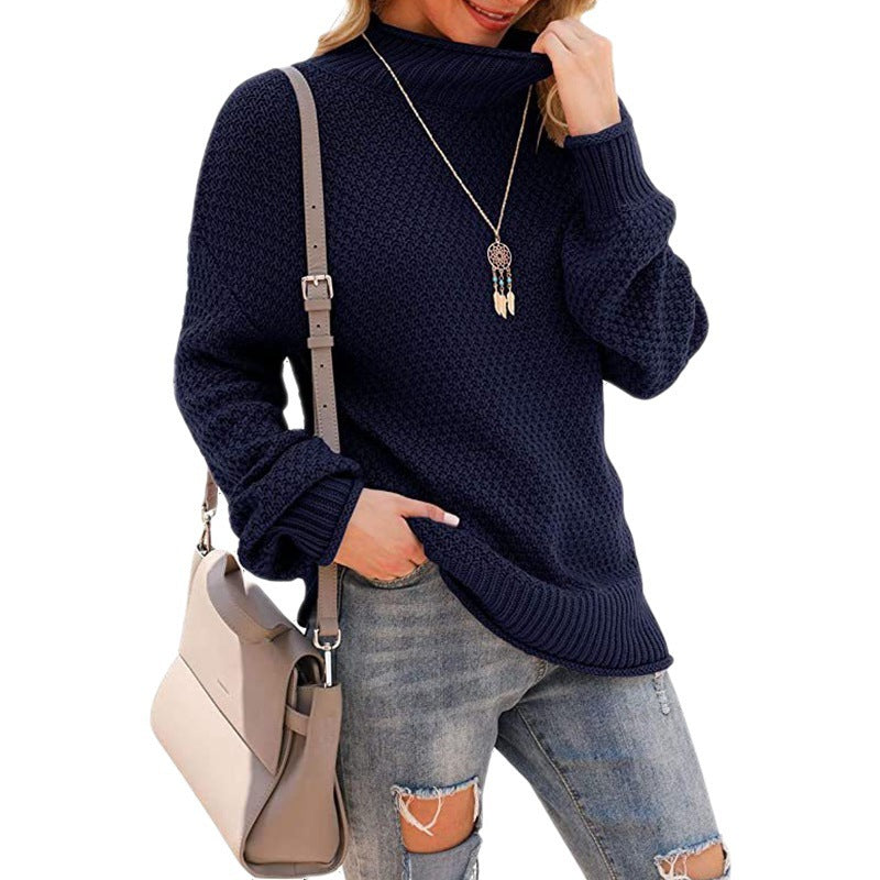 Damen Grobstrickpullover mit hohem Kragen und bequemen Ärmeln EB