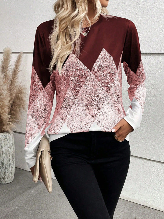 Damen modisches Langarmshirt mit grafischem Muster EB