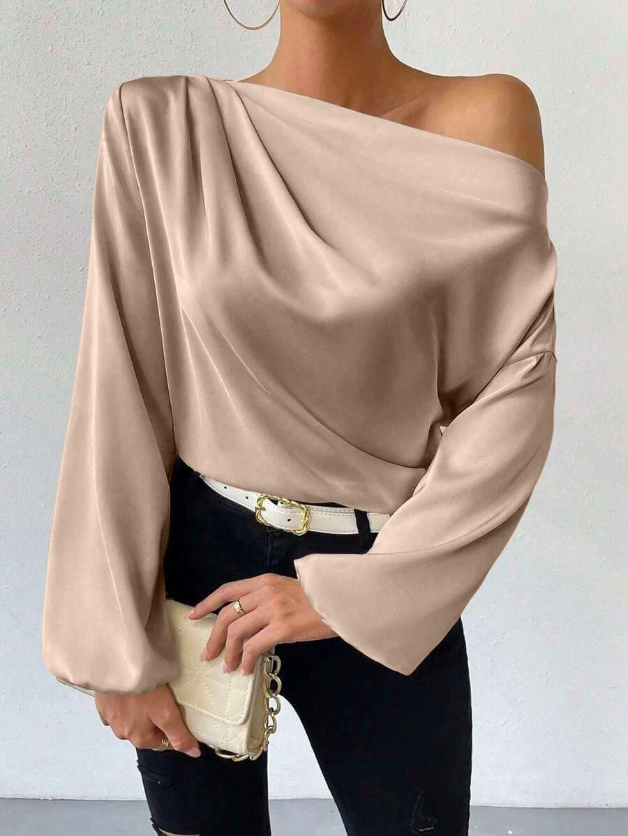 Damen Satin-Oberteil mit asymmetrischem Ausschnitt und fließendem Schnitt EB