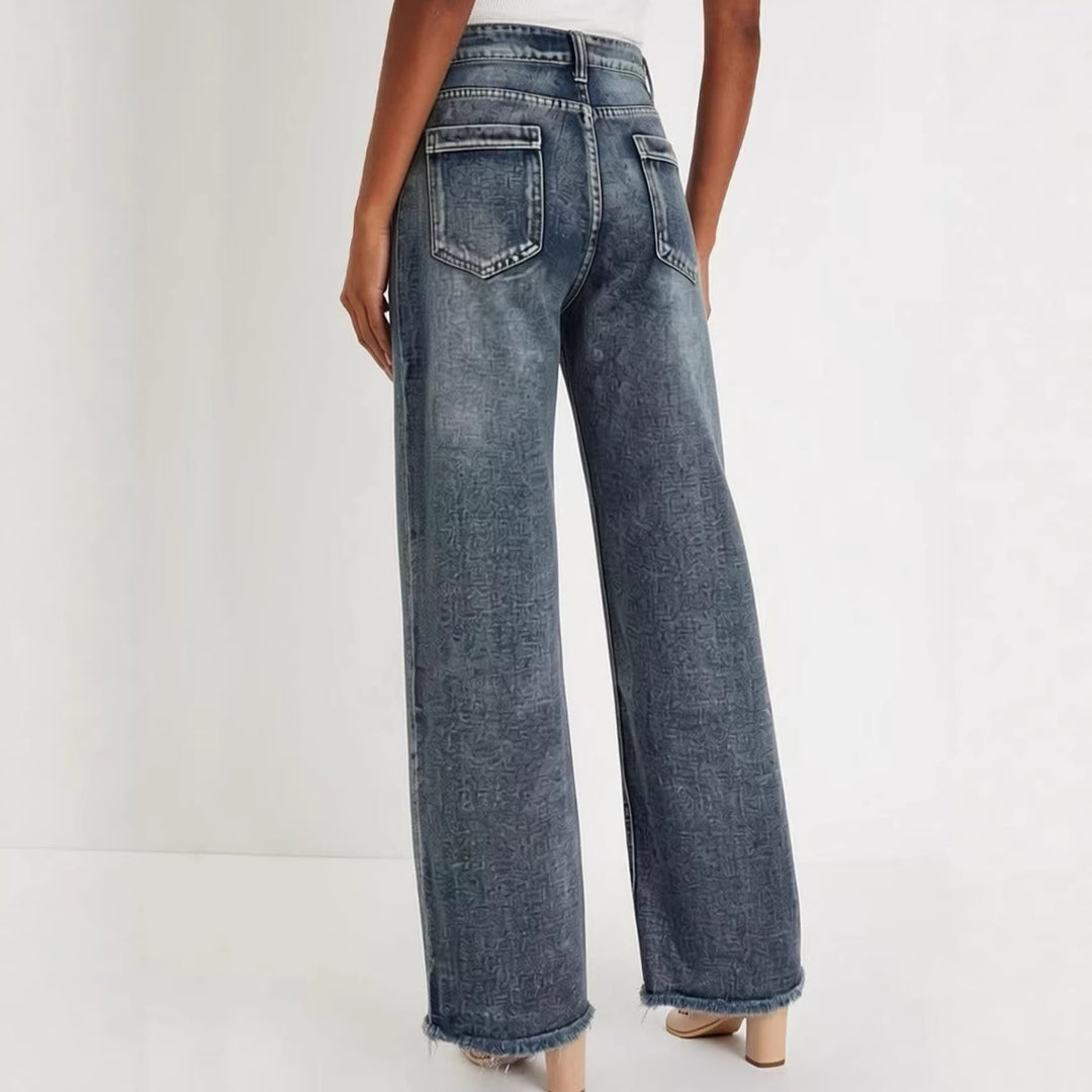 Damen weite Denim-Jeans mit kreativem Muster und fransigem Saum EB