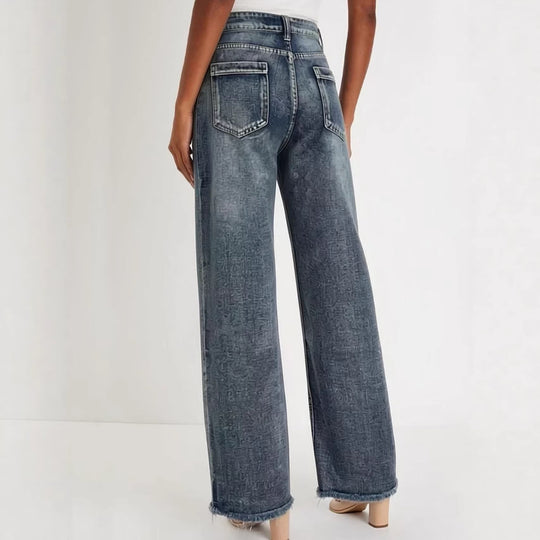 Damen weite Denim-Jeans mit kreativem Muster und fransigem Saum EB