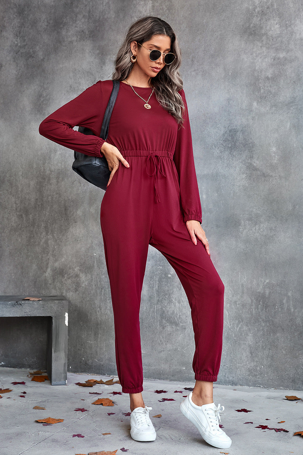 Damen lässiger Jumpsuit mit elastischem Taillenzug und trendy Langarm EB