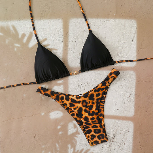 Damen Triangel-Bikini mit elegantem gepunktetem Design und modischem Kontrast EB