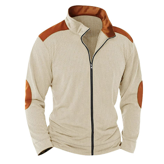 Herren nan strukturierte Strick‑Hybridjacke mit Stehkragen Kontrasteinsätzen und Ellbogenpatches EB