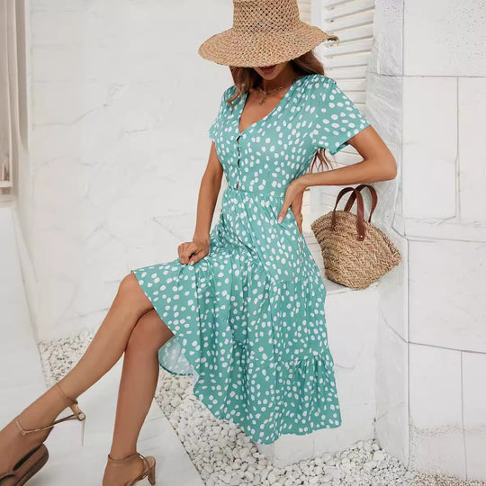 Damen Midi-Kleid mit Flügelärmeln und Knopfleiste EB