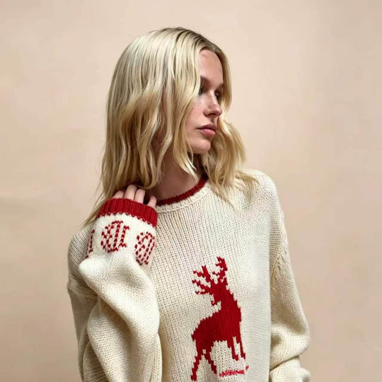 Damen Oversize Strickpullover mit Hirschintarsie, Rundhalsausschnitt und Norwegerbündchen EB