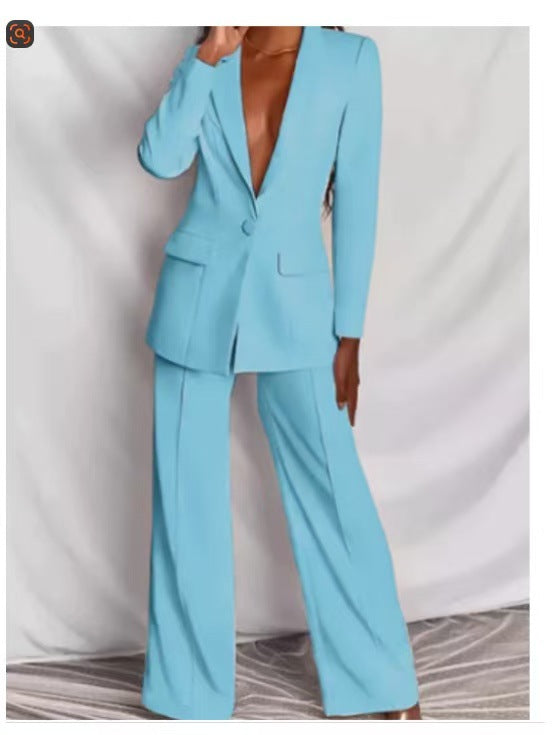 Damen nan eleganter Longline-Blazer mit tiefem V-Ausschnitt und weitem Palazzo-Hosenanzug EB