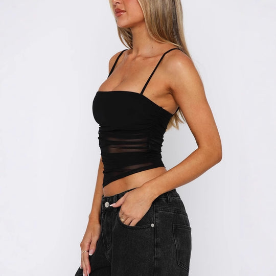 Damen leichtes Rüschenshirt mit Spaghettiträgern und transparenten Einsätzen EB